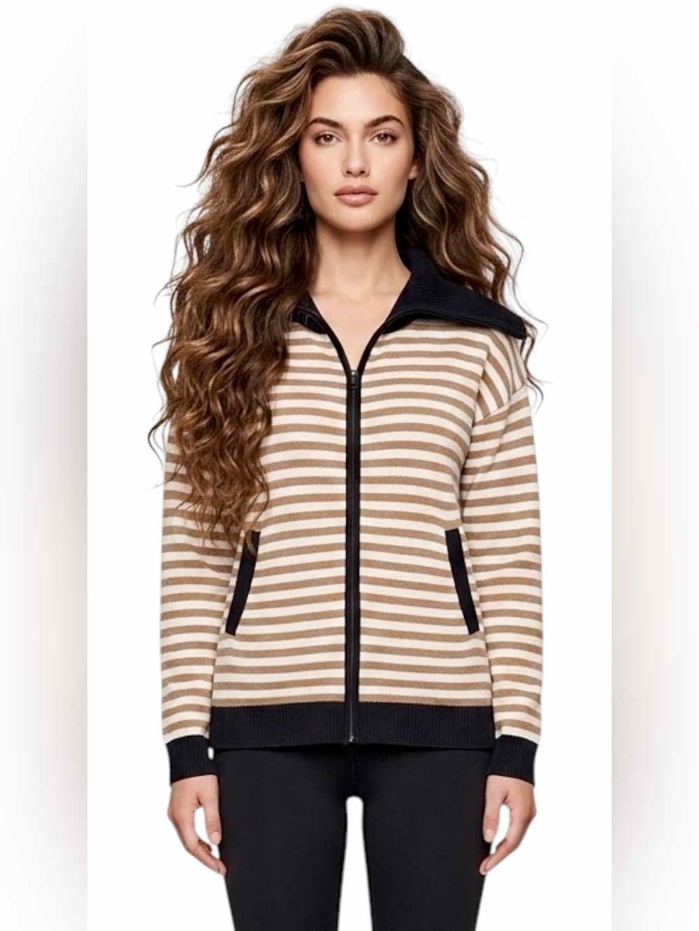 Cabi – Zip-Up Mascot Cardigan - Striped Tan/Cream/Black – Sz. M
